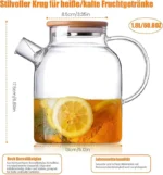 قوری با صافی، ۱۸۰۰ میلی‌لیتر، قوری شیشه‌ای با درب چوبی، مقاوم در برابر حرارت با صافی جداشدنی، طراحی مدرن و شیک برای چای، دمنوش و آبمیوه - تصویر 3