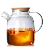 قوری با صافی، ۱۸۰۰ میلی‌لیتر، قوری شیشه‌ای با درب چوبی، مقاوم در برابر حرارت با صافی جداشدنی، طراحی مدرن و شیک برای چای، دمنوش و آبمیوه