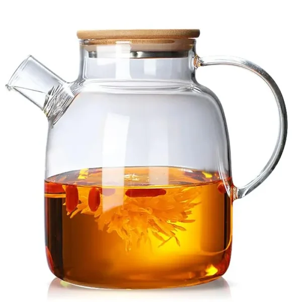 قوری با صافی، ۱۸۰۰ میلی‌لیتر، قوری شیشه‌ای با درب چوبی، مقاوم در برابر حرارت با صافی جداشدنی، طراحی مدرن و شیک برای چای، دمنوش و آبمیوه