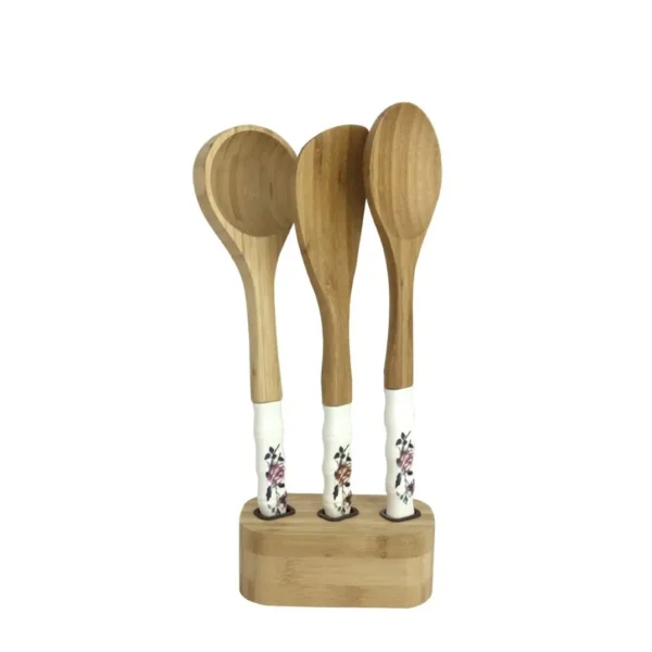 سرویس 3 عددی کفگیر ملاقه چوبی به همراه استند برند بامبو